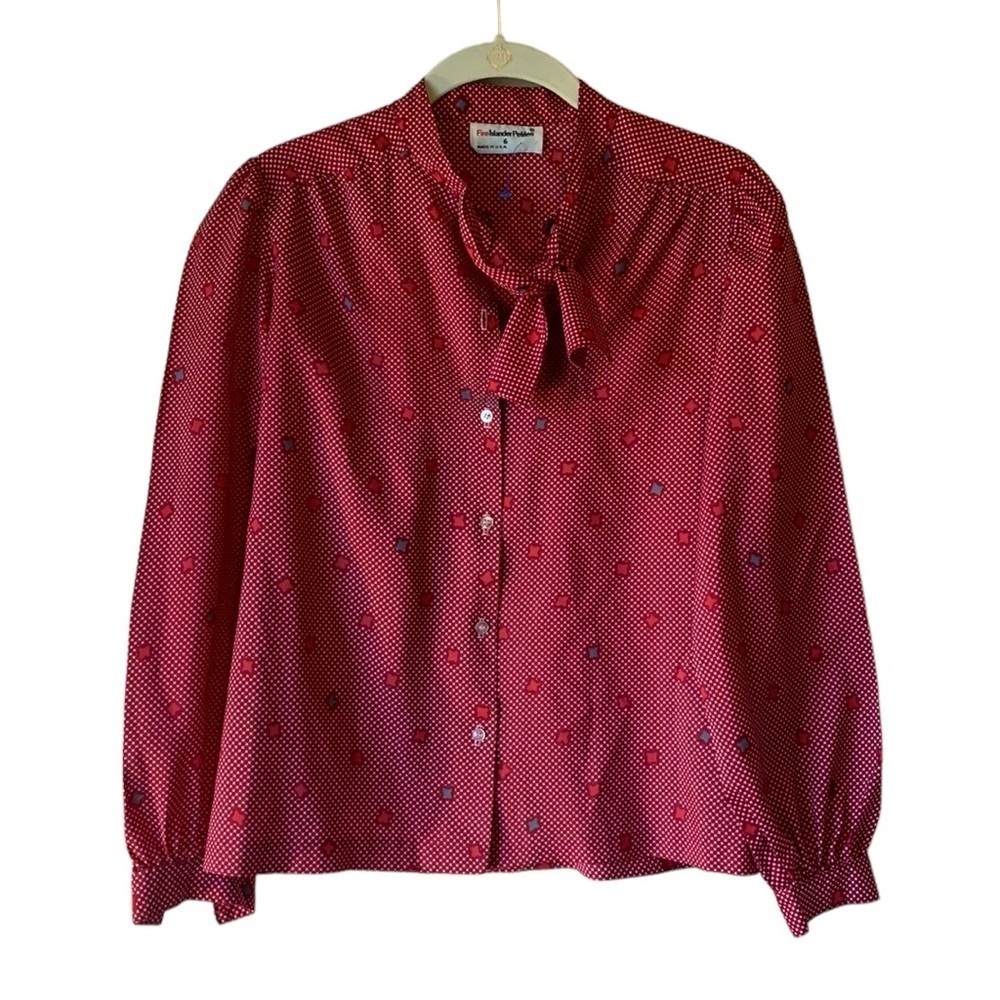 Vintage Womens Fire Islander Petites Tie Bow Blouse Red Print Sz 6 Boho 70s USA